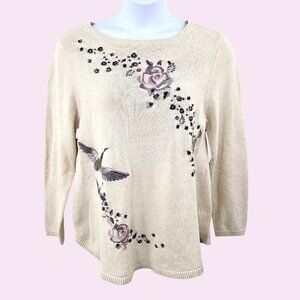 STYLE & CO LONG SLEEVE BEIGE SWEATER W/ EMBROIDERED CRANE BIRD FLORAL DESIGN XL